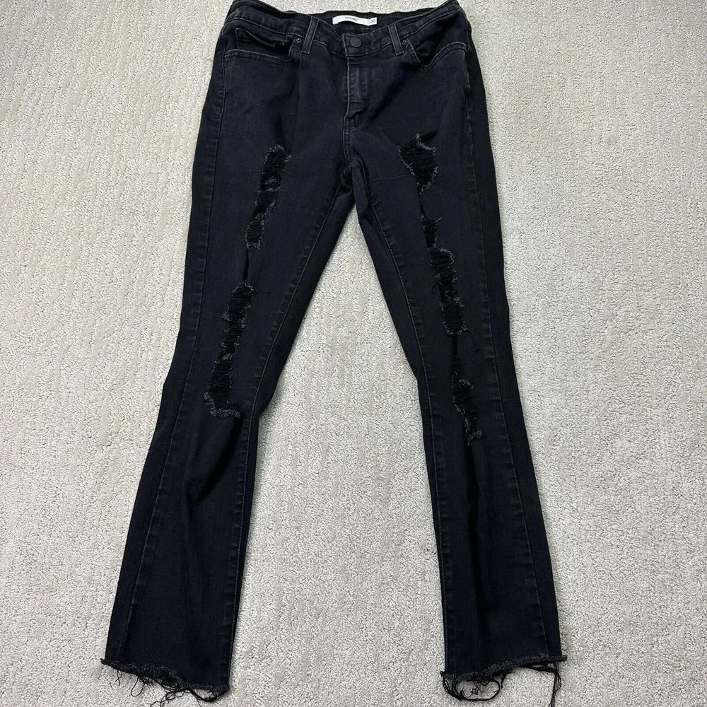 Levis 711 Jeans Women Black Distressed Skinny Slim Mid-Rise Denim Pants Size 30 - Picture 1 of 12